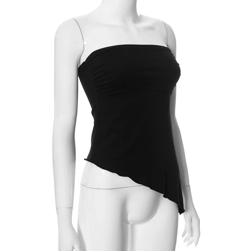 Women Tube Tops Solid Color Irregular Hem Strapless Tops Shirts