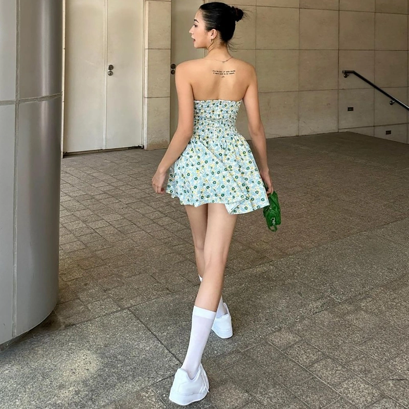 Women Mini Dress Floral Print Strapless Tube Casual A-line Dress