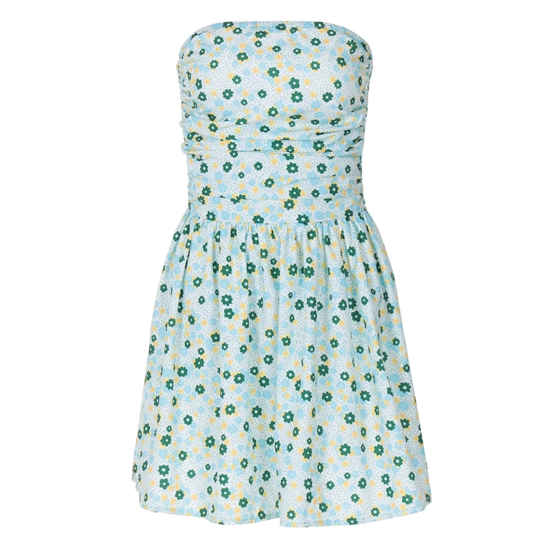 Women Mini Dress Floral Print Strapless Tube Casual A-line Dress