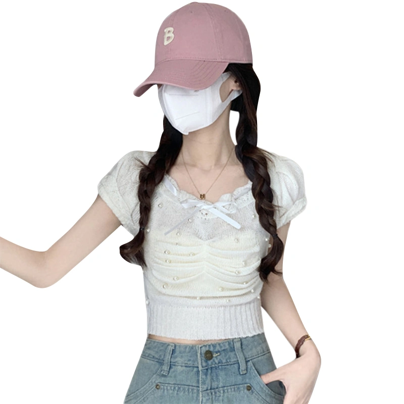 Women Knit T-Shirts Bow Lace Pearl Puffy Sleeve Smocked Crop Tops