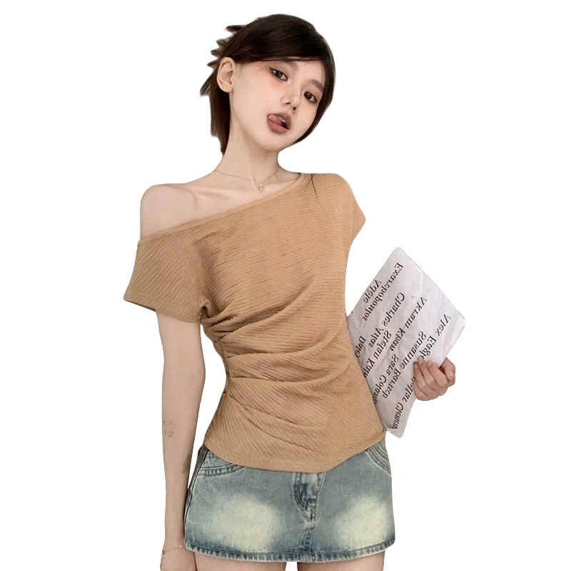 Women's Off One Shoulder Tops Short Sleeve Slim Fit Ruched T-Shirts