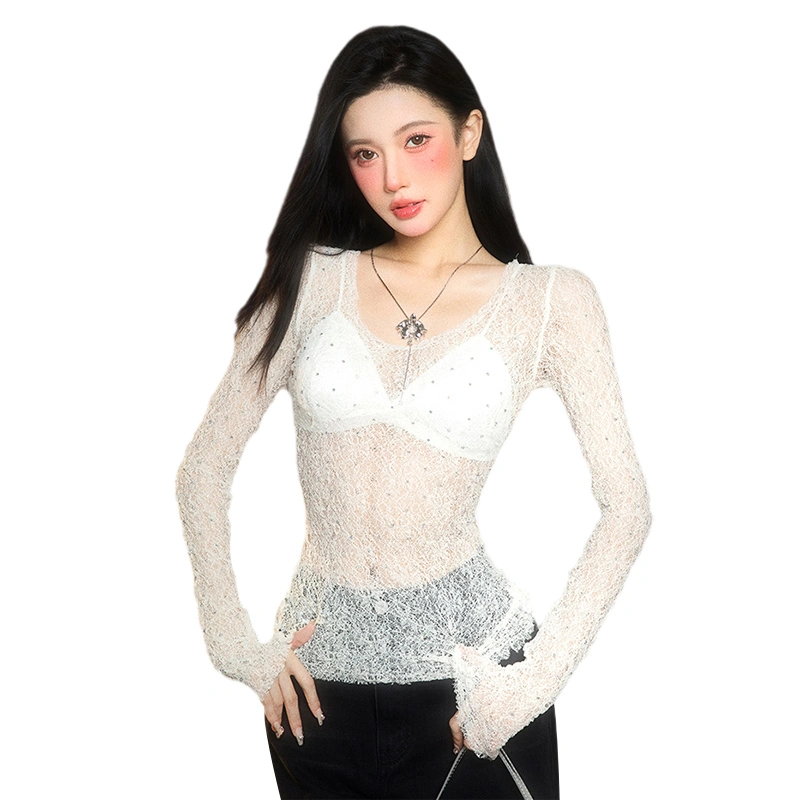 Wome Fashion Sheer Tops Long Sleeve Boat Neck Rhinestone T-shirt