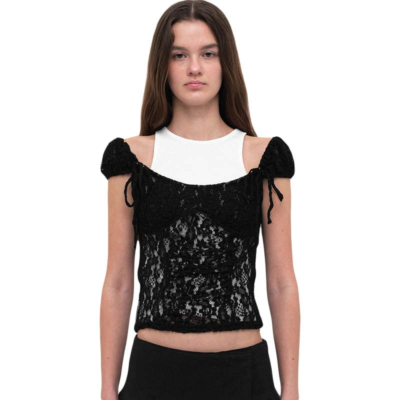 Women's Cap Sleeve Tank Tops Lace Scoop Neck Tie Bow T-Shirt