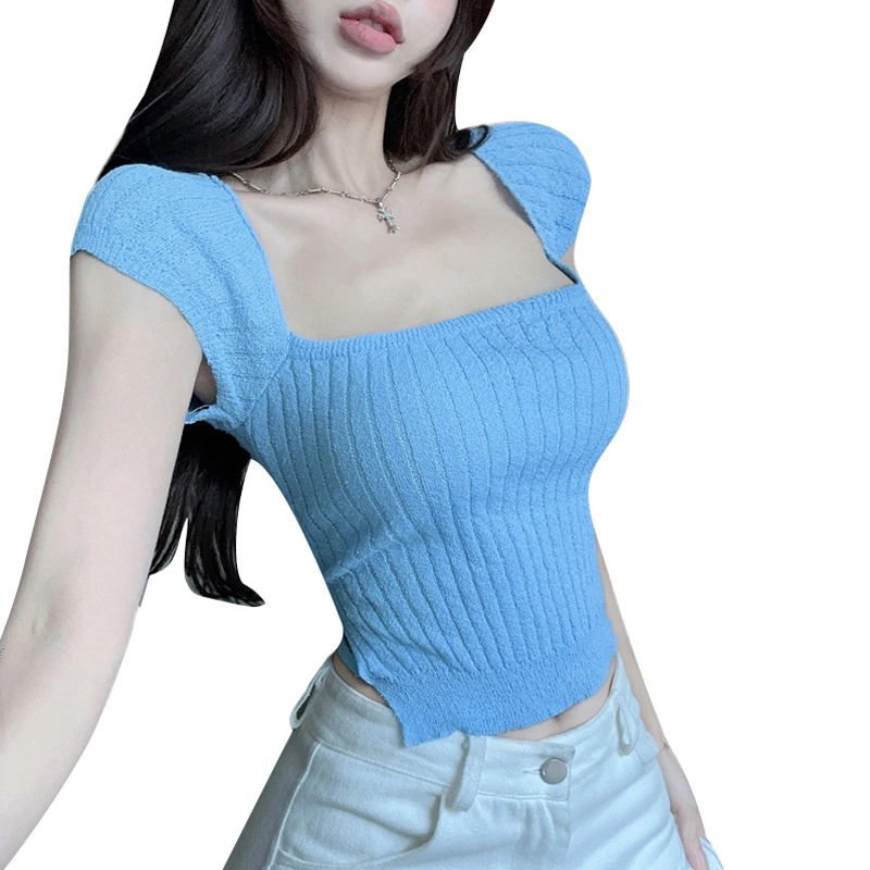 Women Summer Basic T-Shirt Casual Tie Back Knit Short Sleeve Tops 