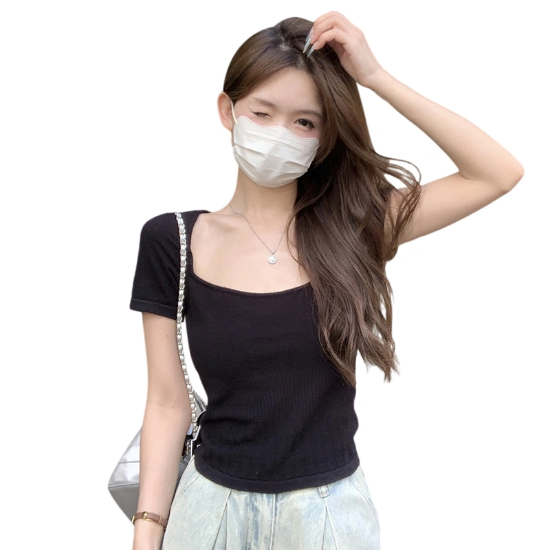 Women Slim Tops Short Sleeve Square Neck Solid Color Knit T-shirt