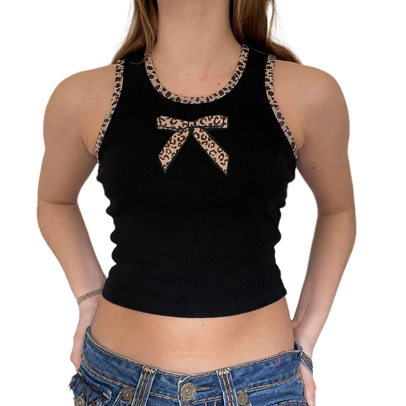 Women’s Crew Neck Tank Tops Sleeveless Leopard Bow Print Crop Tops