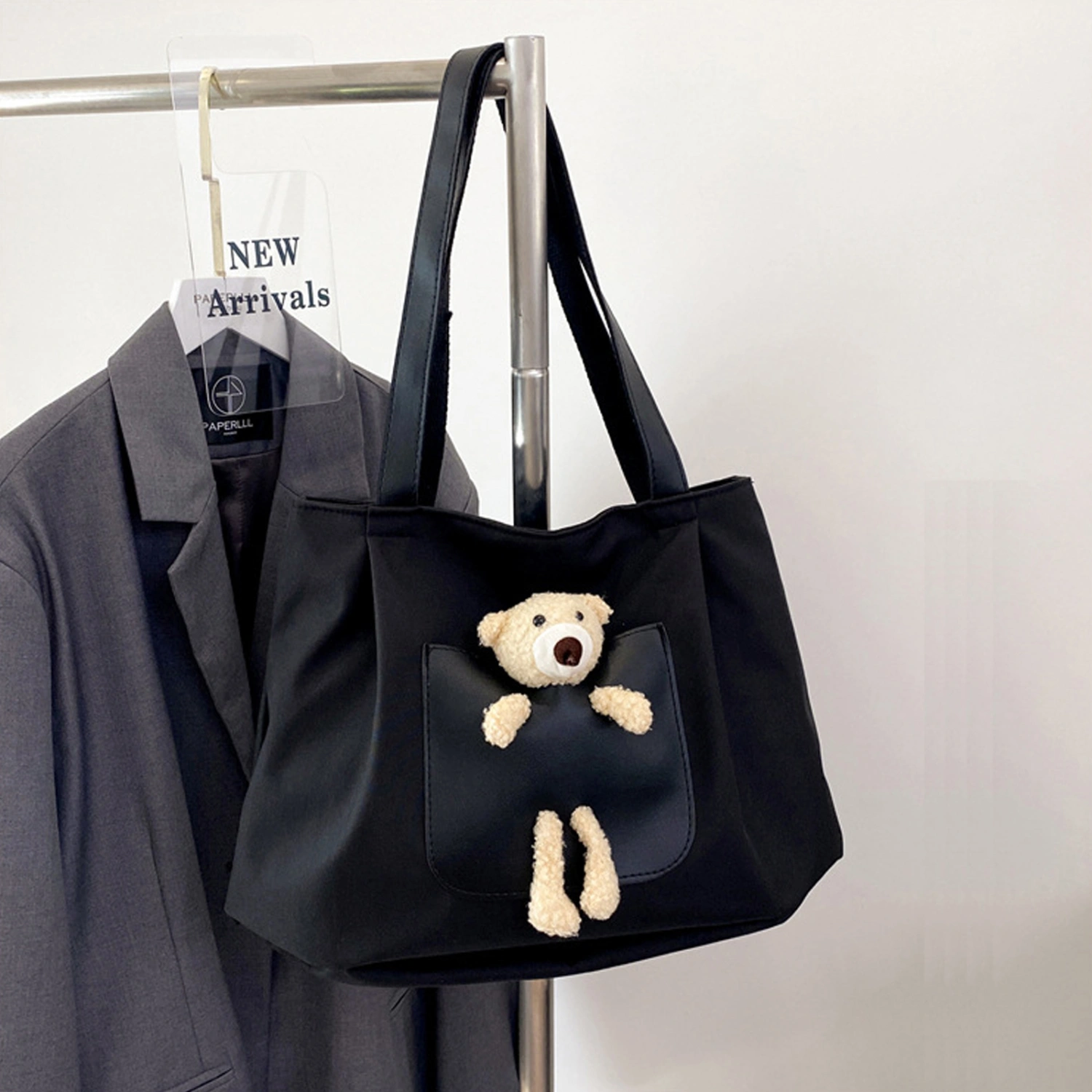 Shoulder Bag for Women Girl, Cute Plush Bear Canvas Tote Bag