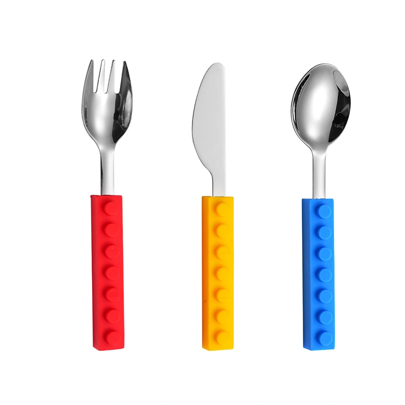 Toddler Utensils Knife Fork and Spoon Set with Building Block Handle