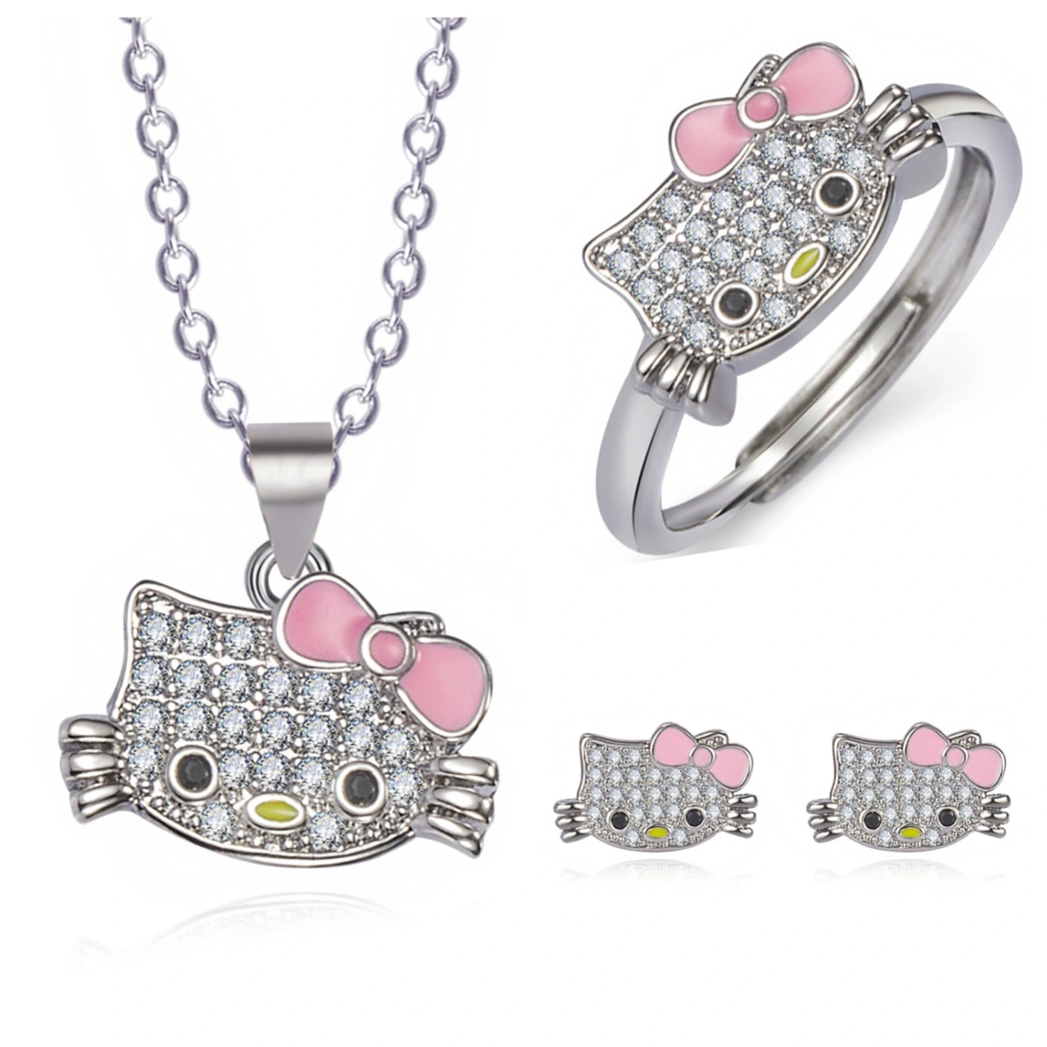 Womens Jewelry Cat Pendent Necklace Adjustable Open Ring Stud Earrings