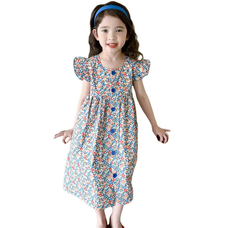 Girls Summer Beach Dress Flying Sleeve Button Floral A-line Dress