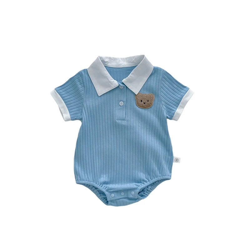 Baby Boys Girls Romper Short Sleeve Lapel Collar Ribbed Bodysuit