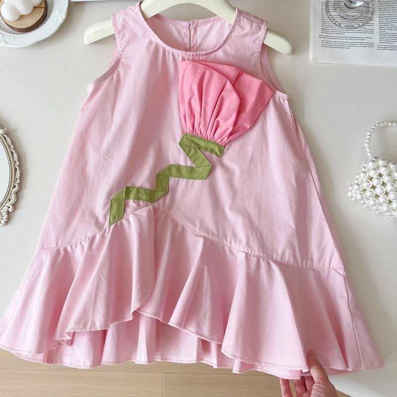 Kids Girls Dress 3D Flower Round Neck Sleeveless Casual Dress