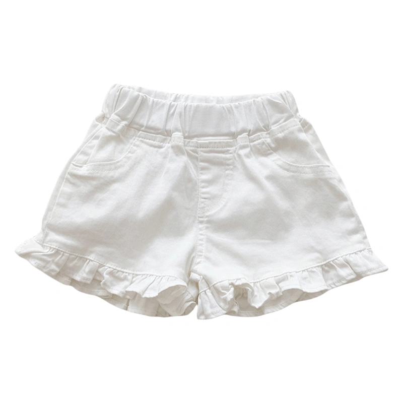 Girl Denim Shorts Solid Color Elastic Waist Frills Hem Short Pants