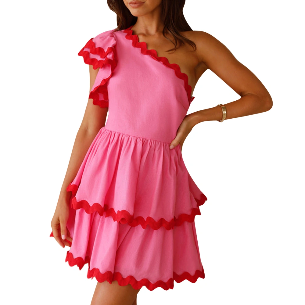 Women One Shoulder Dress Summer Contrast Color Ruffle Party Mini Dress