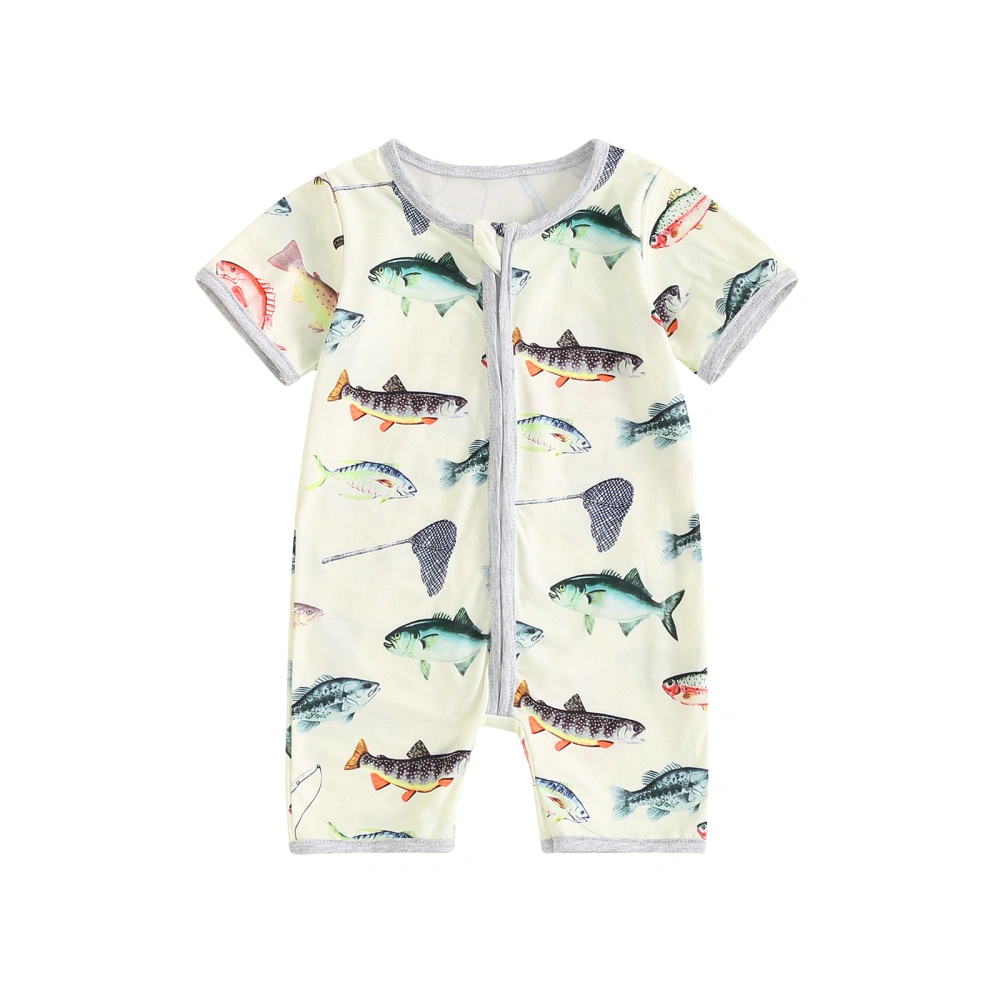 Baby Boy Summer Romper Fish Print Short Sleeves Zipper Jumpsuit 