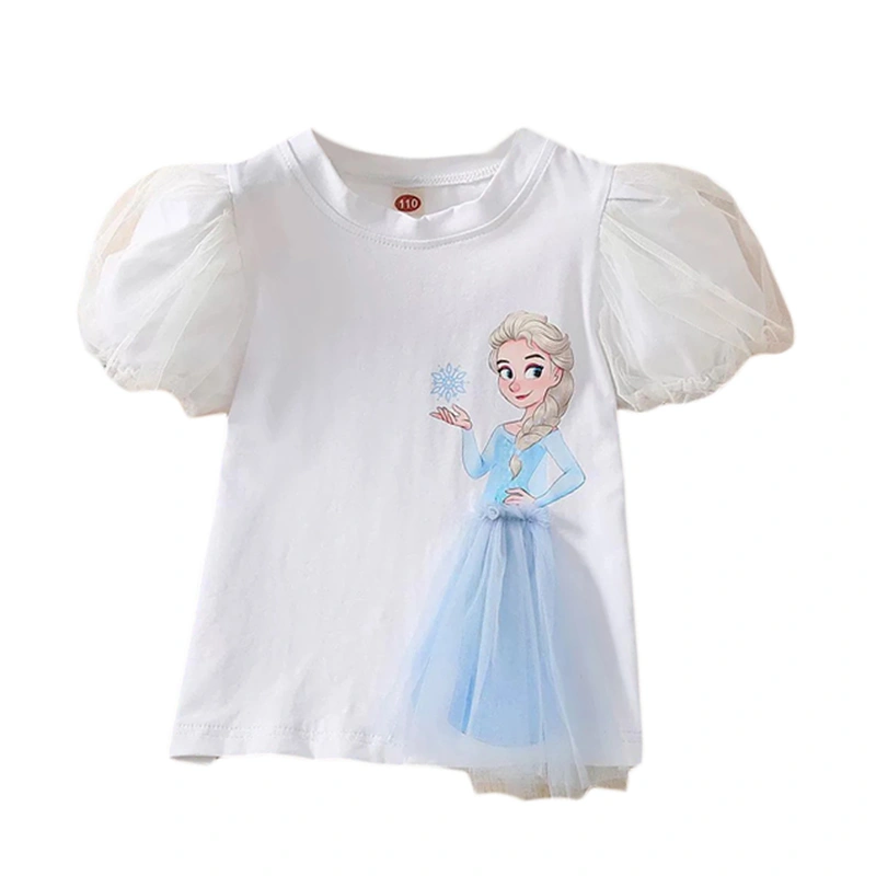 Little Girl Tops Cartoon Print Patchwork Mesh Puff Sleeve T-Shirt 