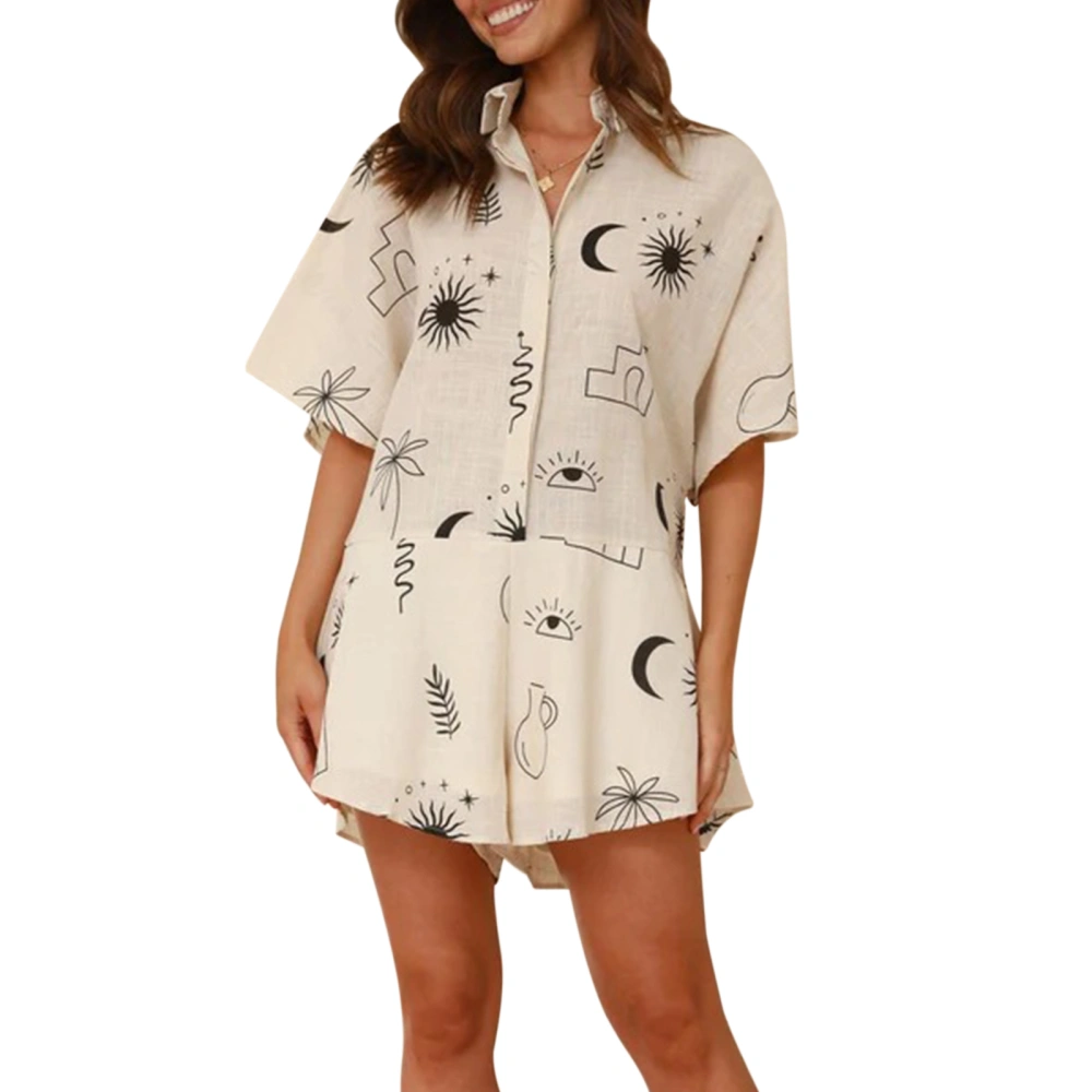 Women Shorts Jumpsuit Loose Sun Print Lapel Neck Short Sleeve Romper