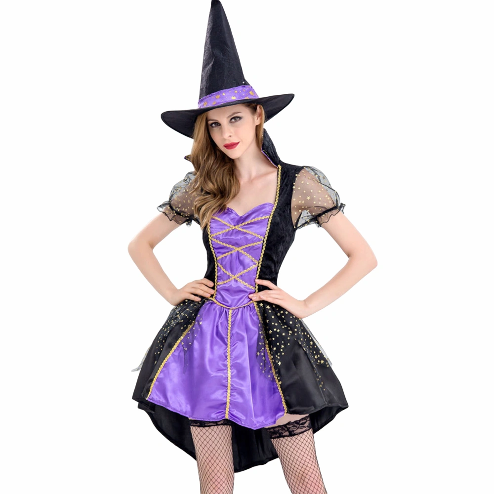 Women Witch Costume Set Short Mesh Sleeve Dress Wizard Hat Sets