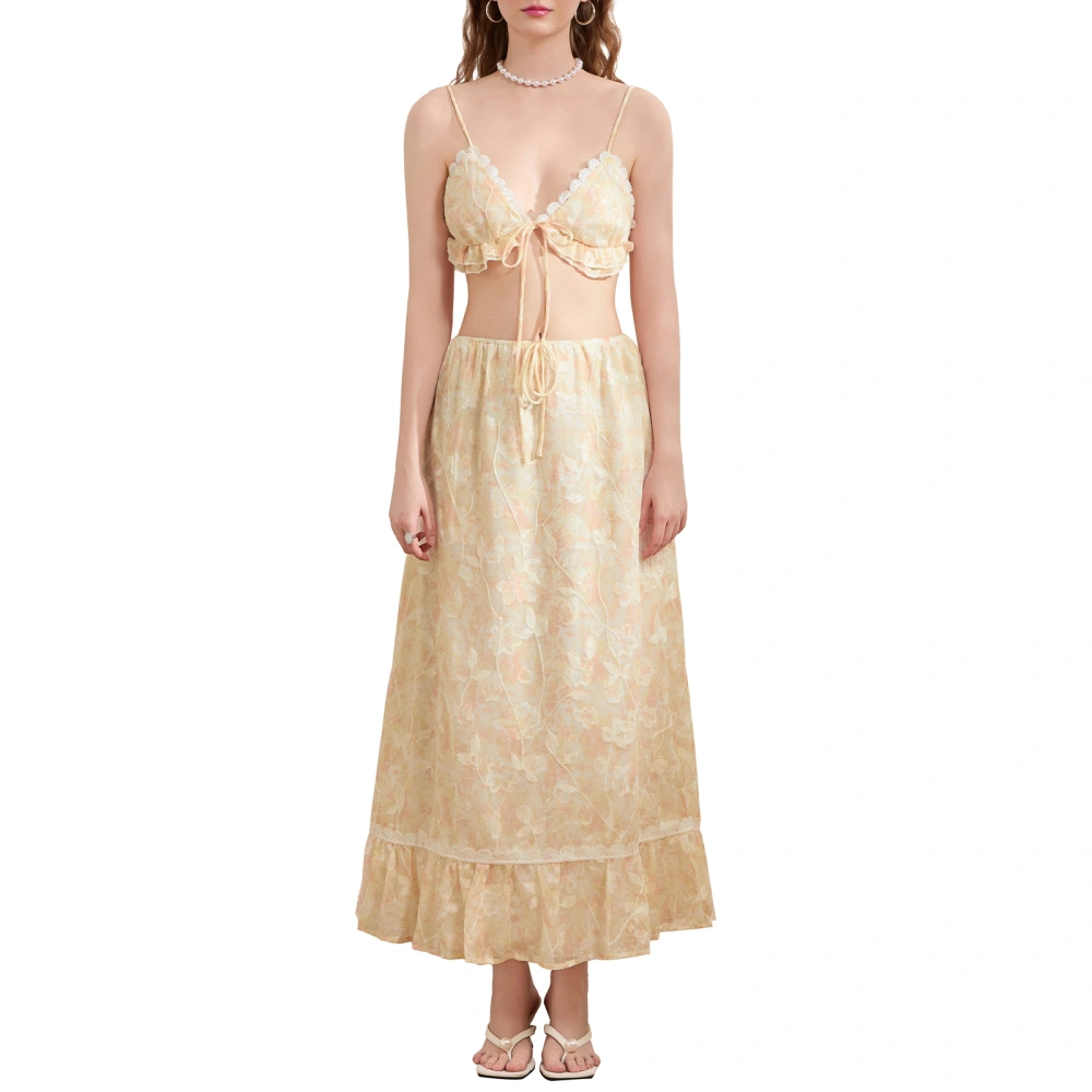 Women Skirt Set, Embroidery Backless Tie-up Camisole with Long Skirt