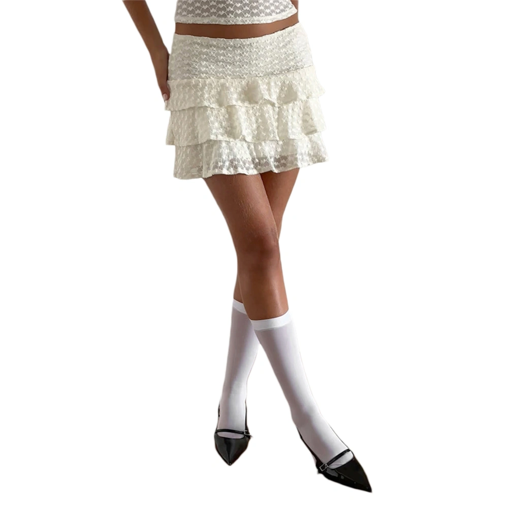 Women's Tiered Ruffled Skirt Low Waist Heart Embroidery Mini Skirt