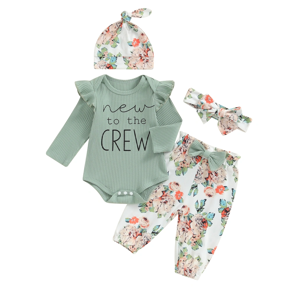 Newborn Girl Fall Outfit, Long Sleeve Tops Flower Pants Headband Hat 