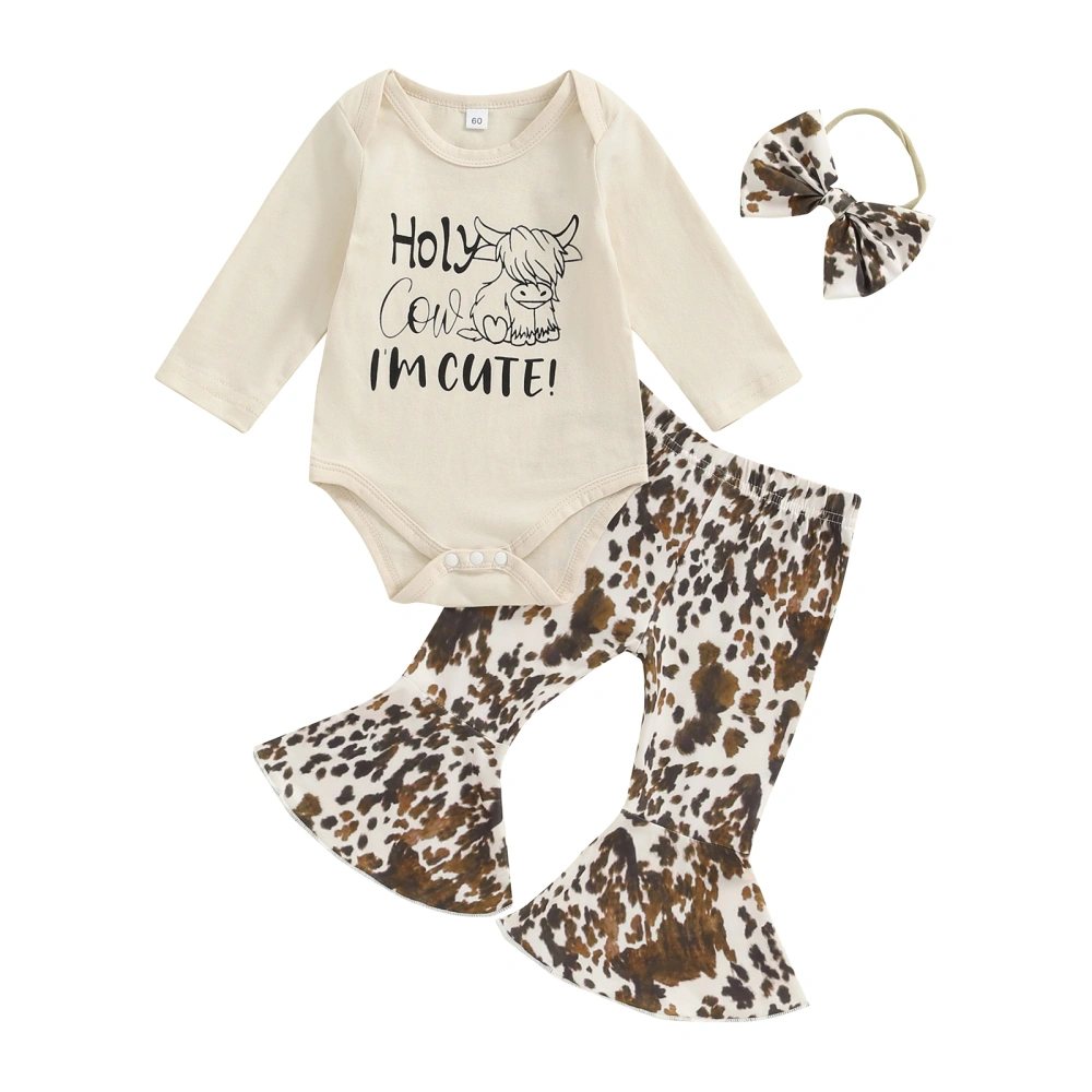 Baby Girls Fall Outfit, Cow Print Long Sleeve Romper Pants Headband