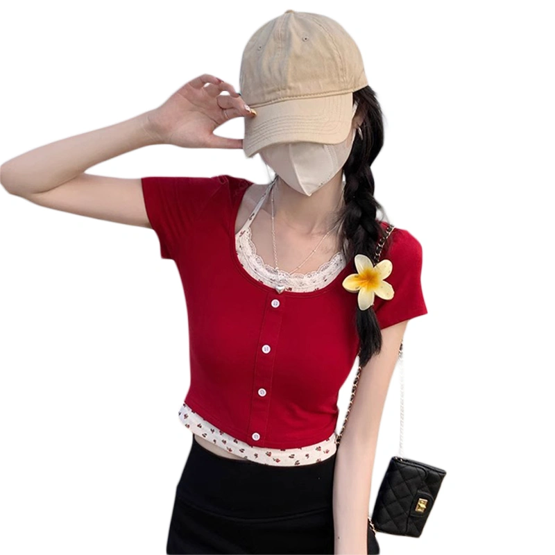 Women's Button Crop Tops Short Sleeve Halter Neck Lace Trim T-shirt