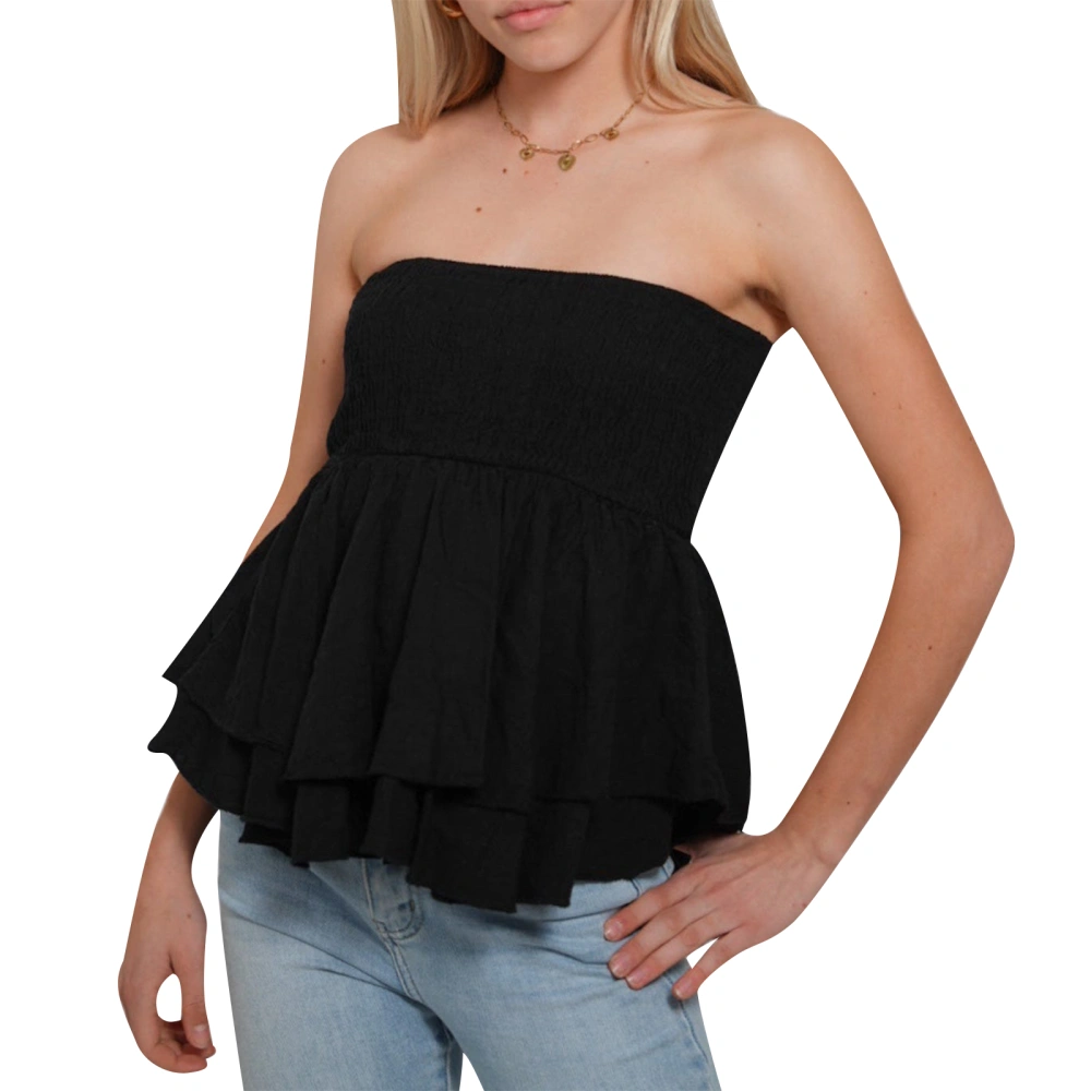 Womens Shirred Tube Tops Off Shoulder Sleeveless Layered Ruffle Shirt 