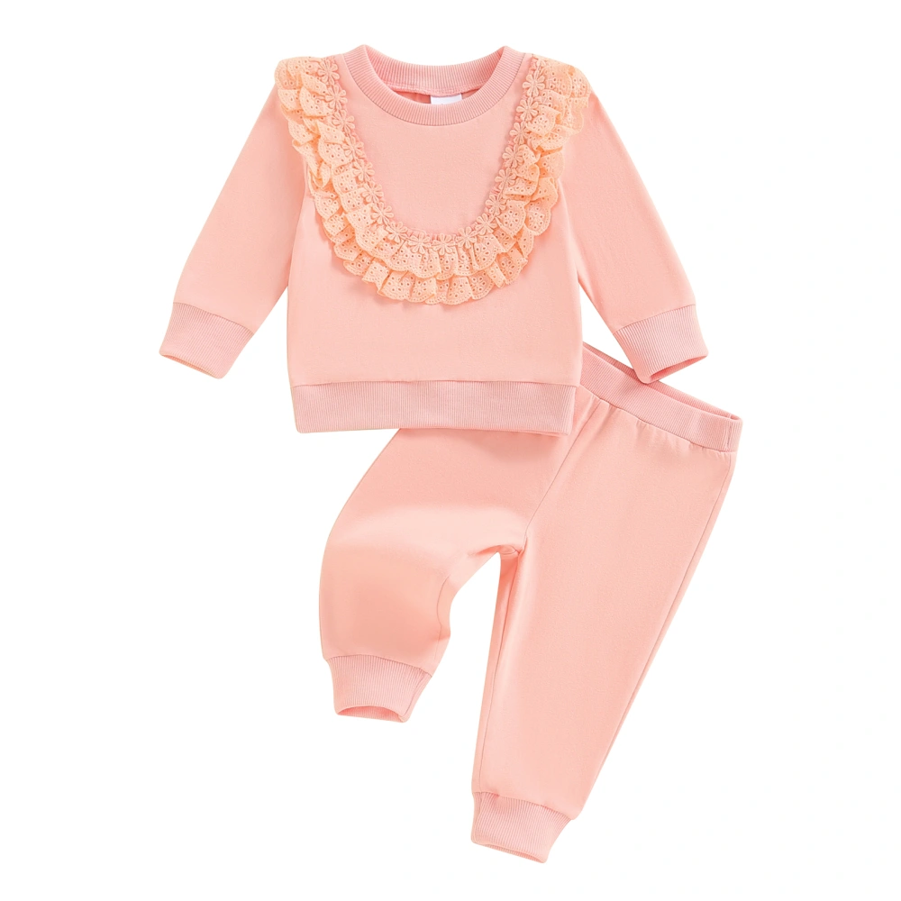 Girl 2PCS Pants Set Long Sleeve Lace Trim Sweatshirt Solid Color Pants