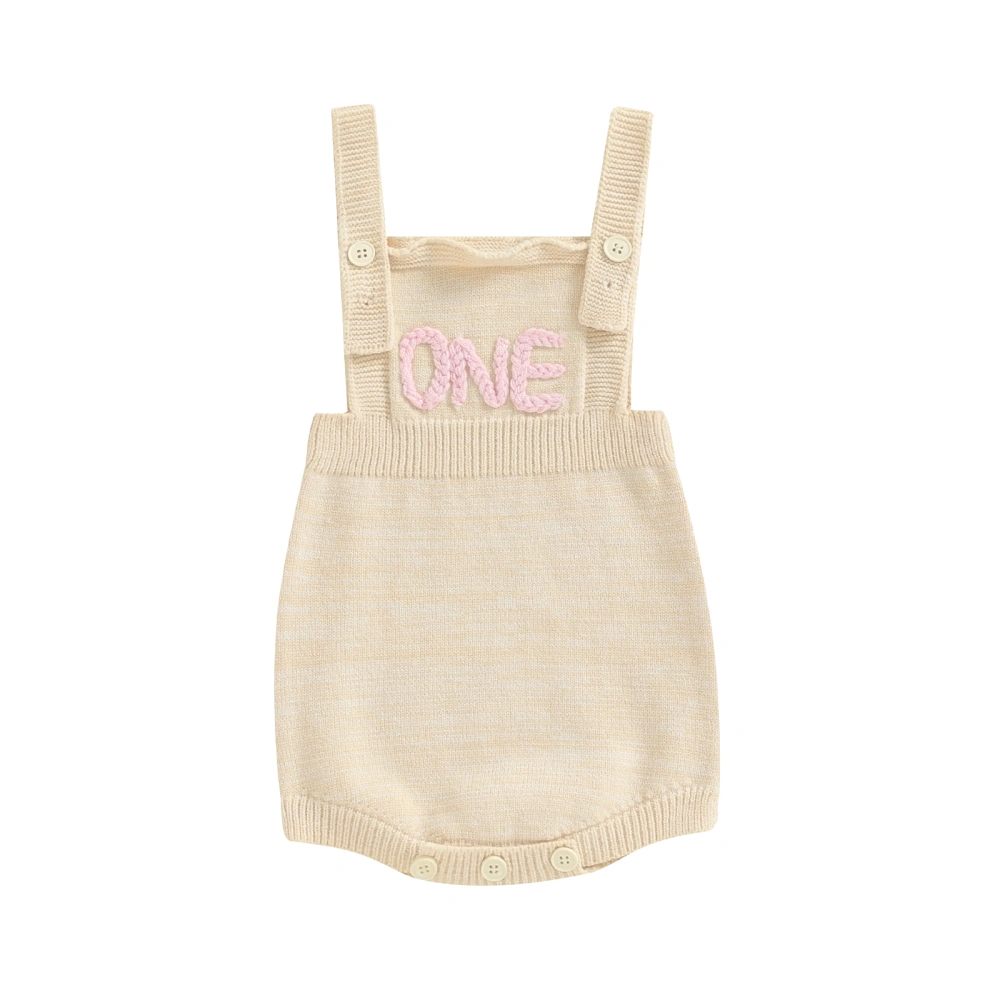 Baby Girl Boy Knit Overalls Embroidery Square Neck Birthday Romper