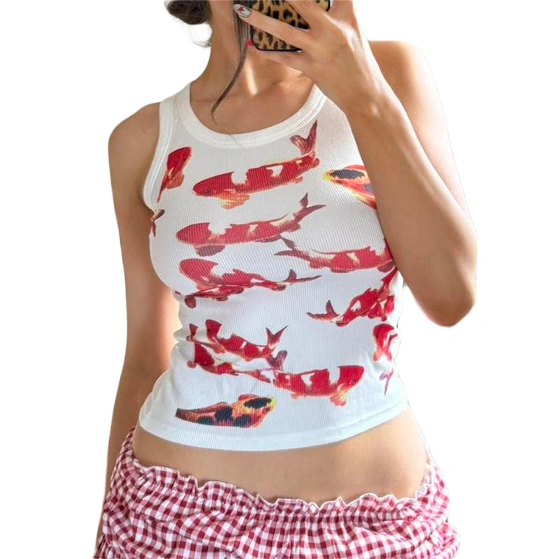 Women Crop Tank Tops Fish Print Round Neck Casual Vests Tops