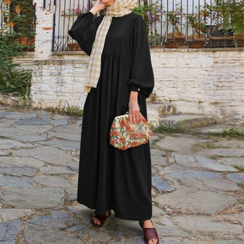 Women's Long Sleeve Dress Abaya Robe Plain Arabic Style Casual Dress