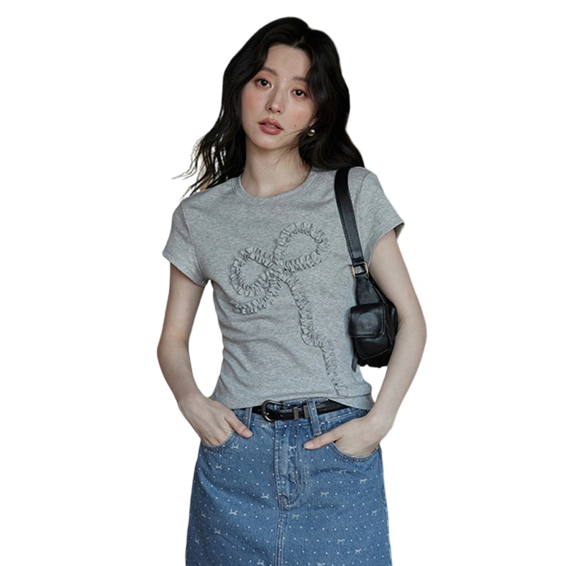 Women 3D Bow T-Shirt Short Sleeve Slim Fit Summer Casual Crop Tops