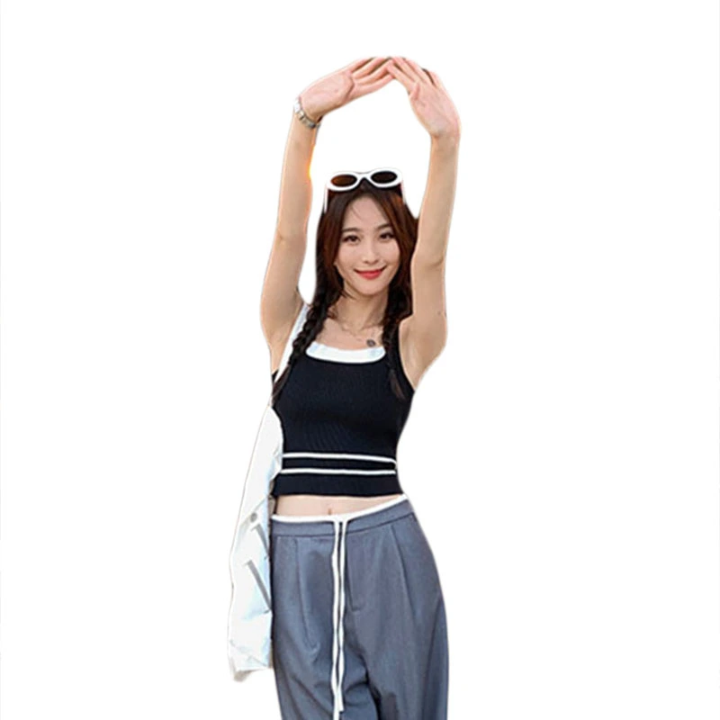 Women Knit Top, Sleeveless Backless Contrast Color Patchwork Camisole