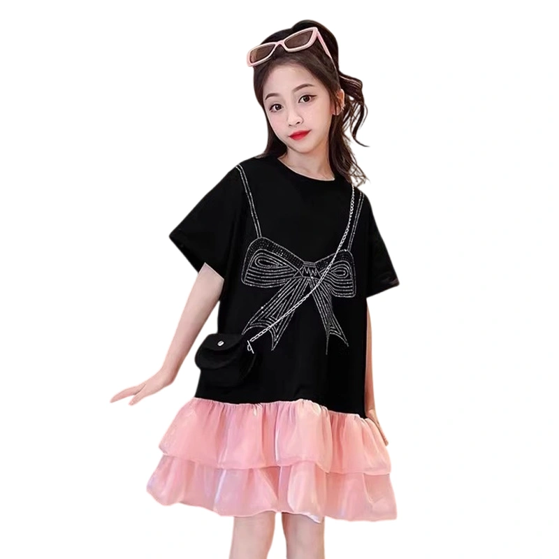 Little Girl Princess Dress Bow Layered Puffy Hollow Short Sleeve Dress