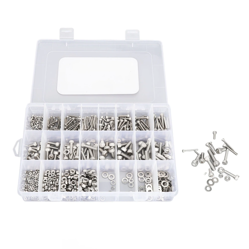 880PCS Stainless Steel Screw Assortment Kit M2 M3 M4 M5 Cylindrical Hex Head Bolts Nuts Flat Washers with Storage Box