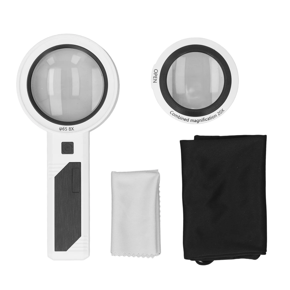 Rechargeable Magnifying Glass Portable Handheld Lighted Magnify Dual Lens 26 LED 3 Modes Illuminated Magnifier 8X 5X 20X