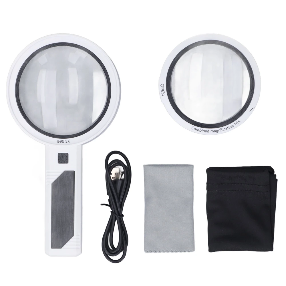 LED Handheld Magnifying Glass 3X 5X 10X 3 Lighting Colors Rechargeable Hand Reading Magnifier