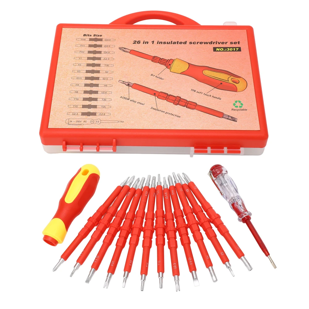 14Pcs Screwdriver Set Magnetic Tip Multifunctional 500V Insulated Repair Screwdriver Set with AC 100‑500V Test Pen