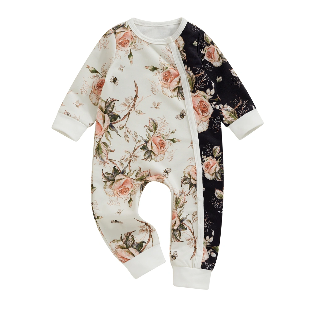 Baby Girls Jumpsuit, Long Sleeve Flower Print Contrast Color Romper