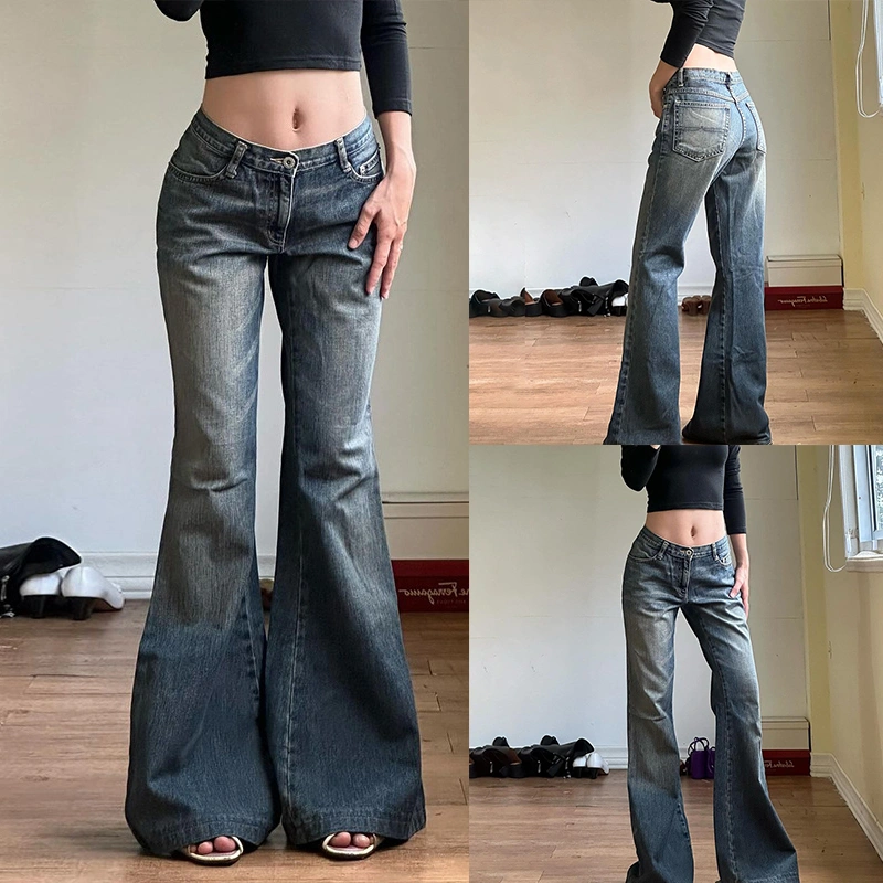 Women Flare Jeans Simple Low Rise Bell Bottom Denim Pants with Pockets