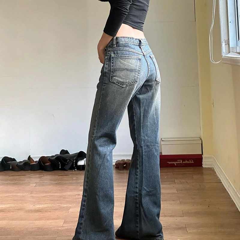 Women Flare Jeans Simple Low Rise Bell Bottom Denim Pants with Pockets