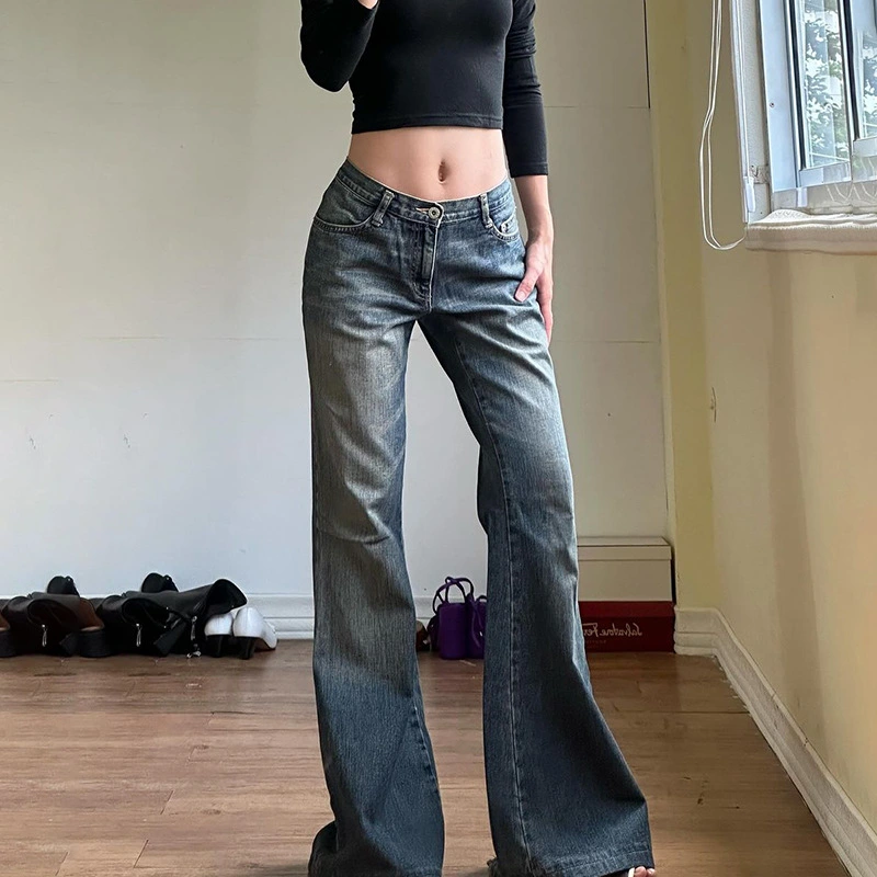 Women Flare Jeans Simple Low Rise Bell Bottom Denim Pants with Pockets