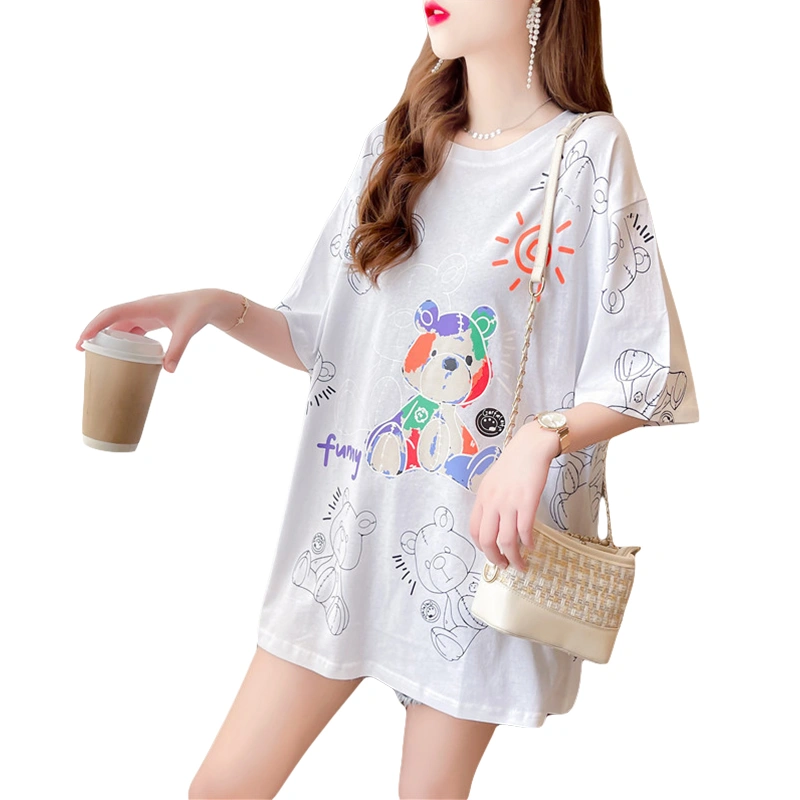 Women T-shirt, Short Sleeve Cartoon Bear Print Loose Summer Tops