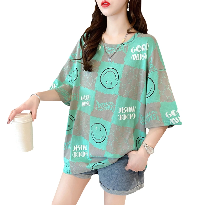 Women Smile Face Print T-Shirt Checkered Letter Short Sleeve Oversized Tops