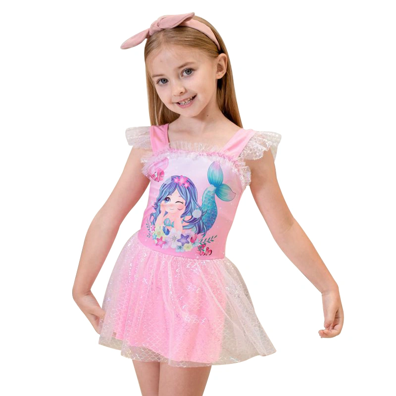 Girls Swimdress Swimsuit Mermaid Print Fly Sleeve Toddler Beachwear