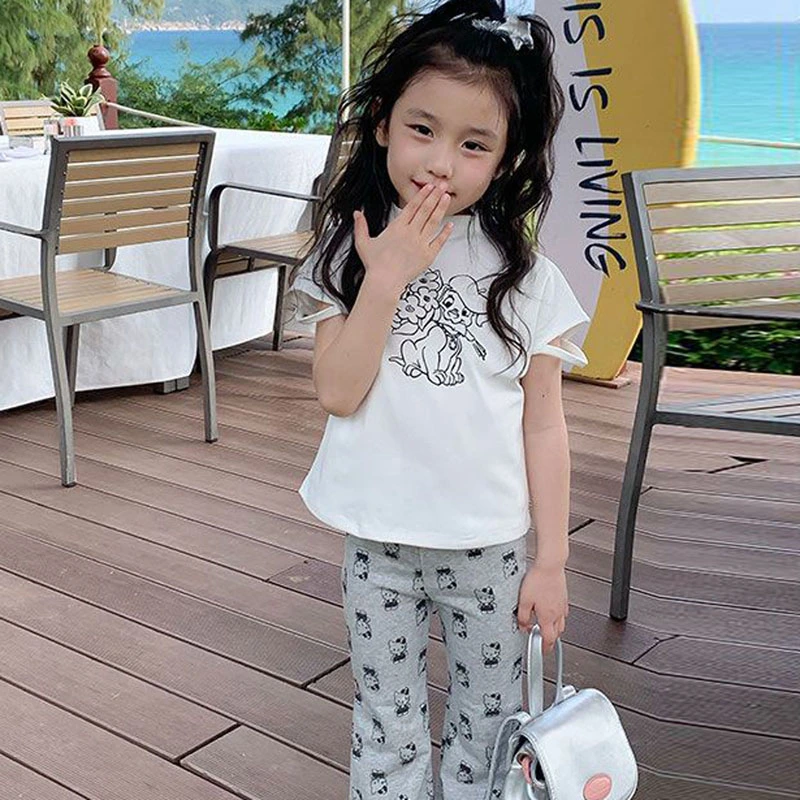 Kids Girls Flare Pants, Elastic Waist Kitty/Stars Print Fall Trousers