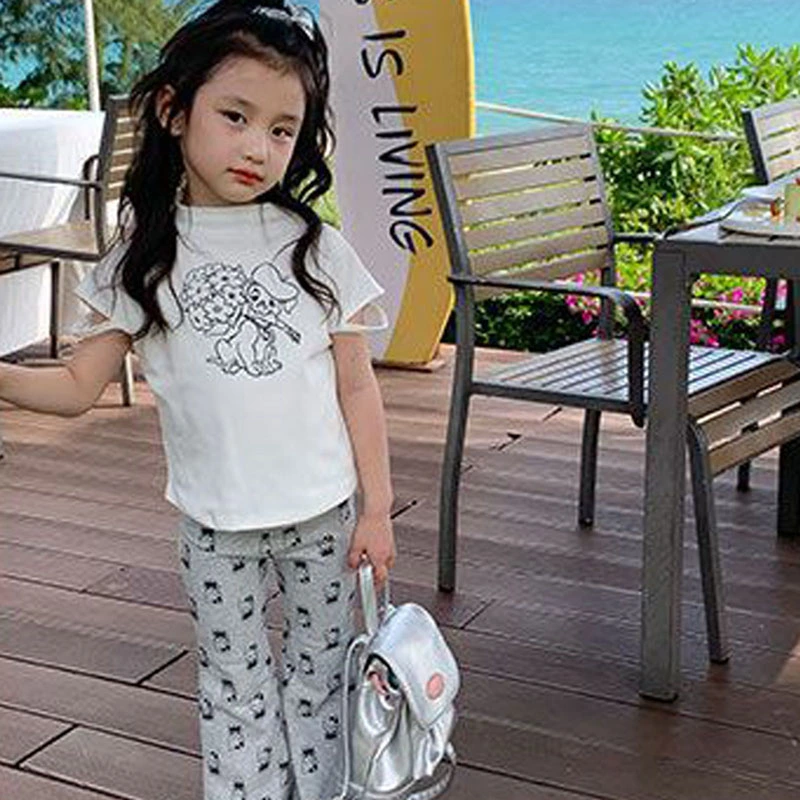 Kids Girls Flare Pants, Elastic Waist Kitty/Stars Print Fall Trousers
