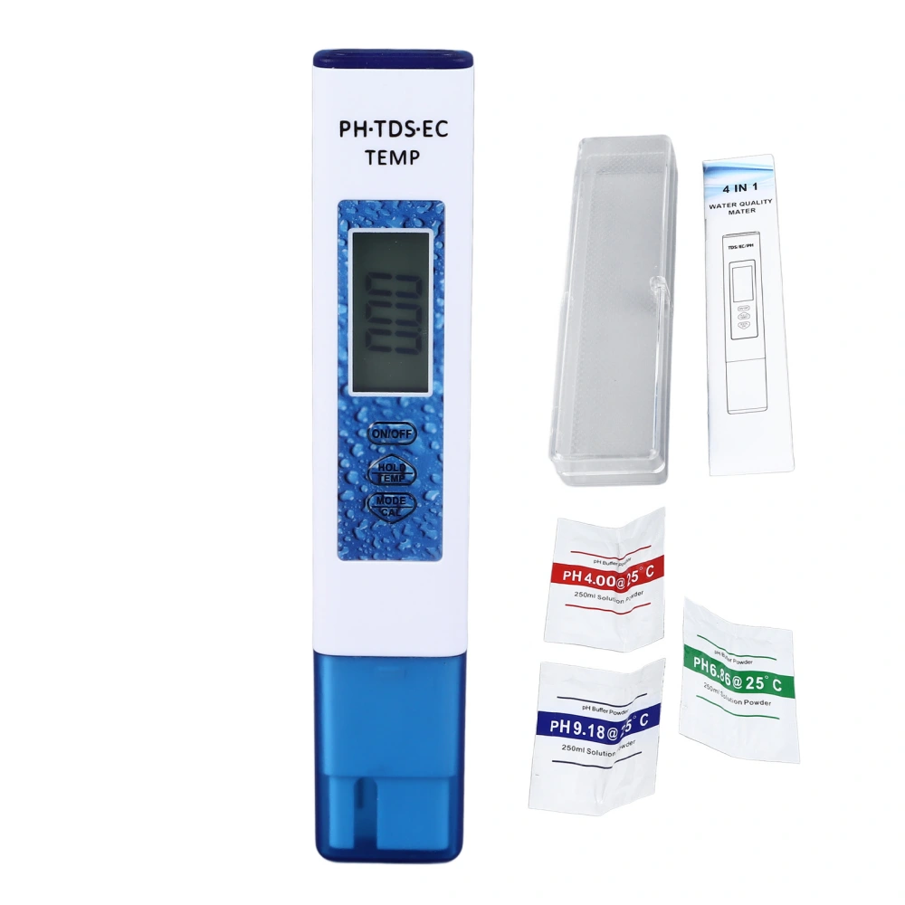 Water Quality Tester 4 in 1 PH TDS EC Temp Test Meter 0‑9999ppm Accurate Monitor for Aquariums