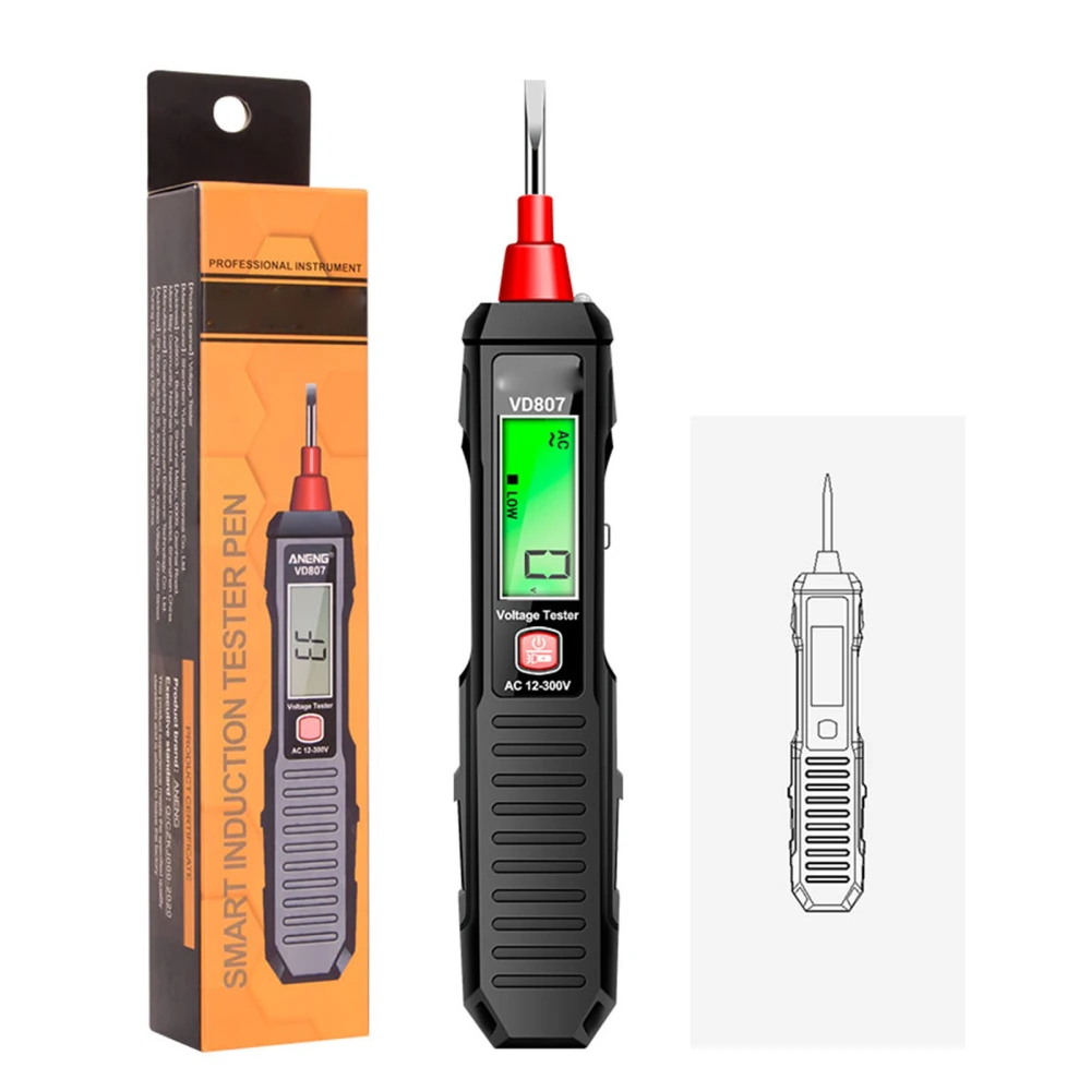 AC12‑300V Voltage Tester High Accuracy LCD Display Multifunctional Electrical Tester Pen with LED Light Black